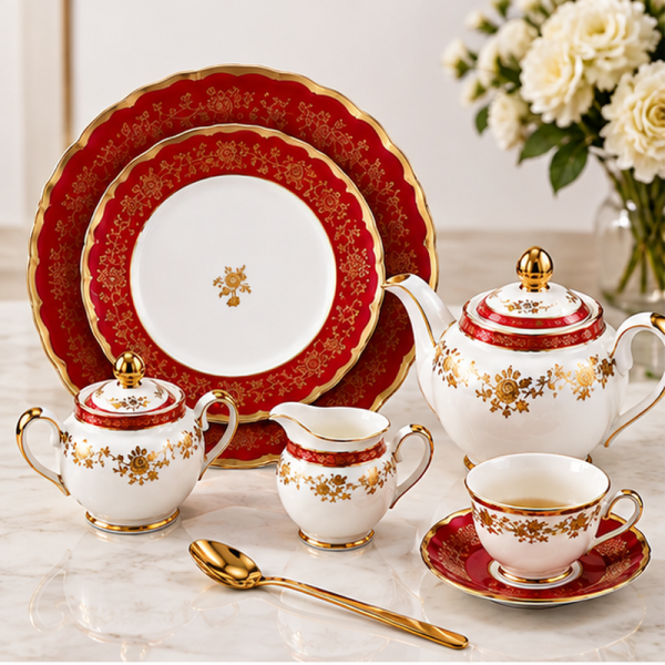 Turkish Tea Set Designs Hyper Techno | 24-Piece Tea & Cake Set Autumn Garden Gold Rim 306