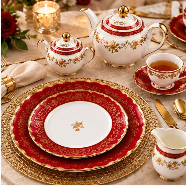 Turkish Tea Set Designs Hyper Techno | 24-Piece Tea & Cake Set Autumn Garden Gold Rim 306