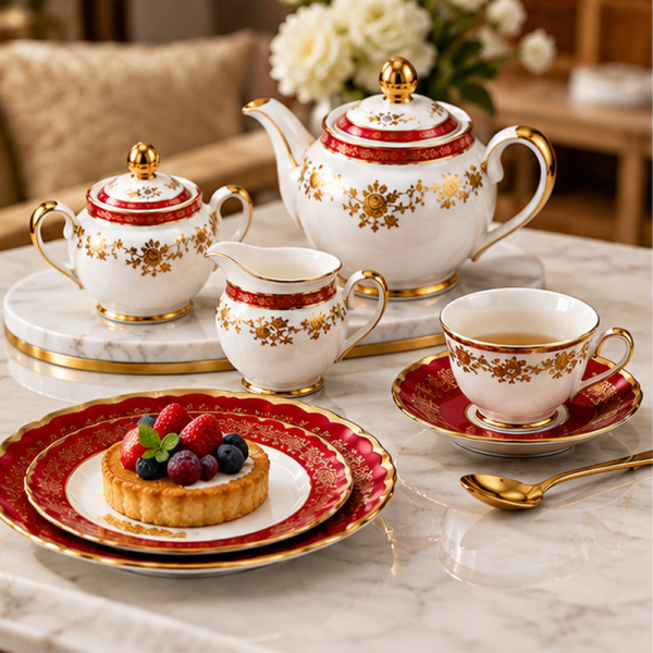 Turkish Tea Set Designs Hyper Techno | 24-Piece Tea & Cake Set Autumn Garden Gold Rim 306