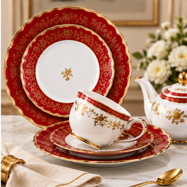 Turkish Tea Set Designs Hyper Techno | 24-Piece Tea & Cake Set Autumn Garden Gold Rim 306